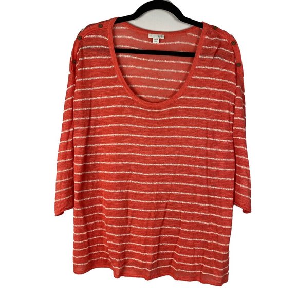 J Jill Sweater Linen Blend Knit Womens Large Petite Scoop Neck Orange Stripe - Picture 1 of 9